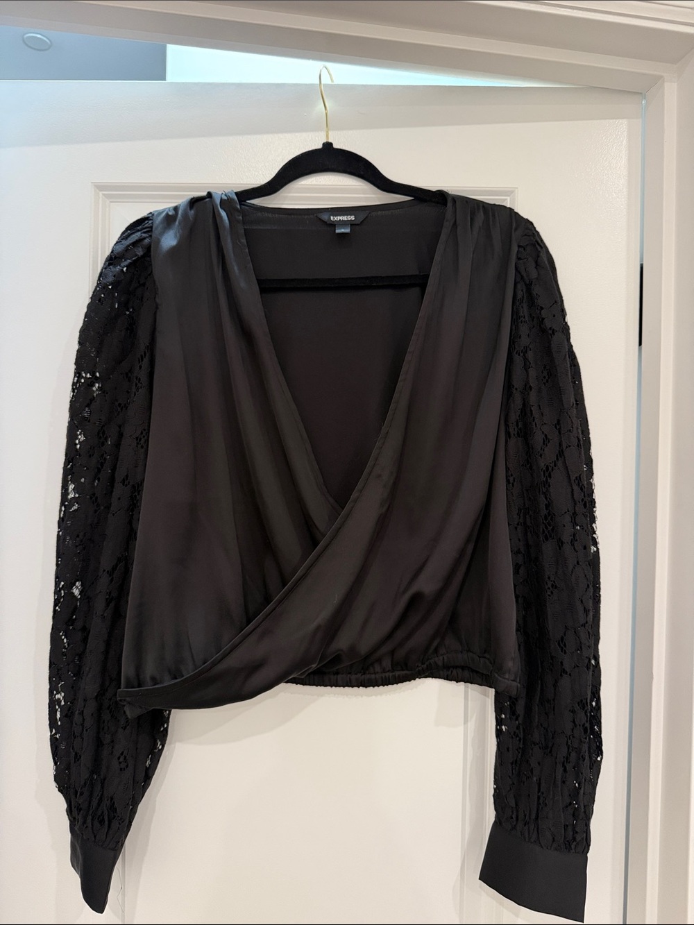 Express Black Satin Wrap Lace Sleeve Blouse Medium